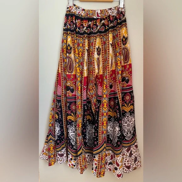 Boho Mixed Print Wide-Leg Crop Culotte Pant Size Small Festival - Picture 4 of 8